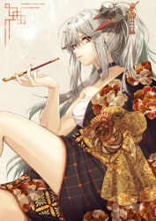Rule 34 | 1girl, absurdres, alternate costume, alternate hairstyle, arknights, bandages, black choker, black kimono, chest sarashi, chiwa (chiwawanwan1206), choker, commentary request, floral print, grey background, grey hair, hand up, highres, holding, holding smoking pipe, horns, japanese clothes, kimono, kiseru, long hair, looking at viewer, parted lips, ponytail, sarashi, saria (arknights), sitting, smoking pipe, solo, thighs, very long hair, yellow eyes
