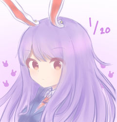 Rule 34 | 1girl, 7iro tokorotenn, absurdres, alternate eye color, animal ears, blue jacket, blush, breasts, brown eyes, closed mouth, collared jacket, collared shirt, commentary request, eyes visible through hair, gradient background, hair between eyes, highres, jacket, long hair, long sleeves, looking at viewer, medium breasts, necktie, purple background, purple hair, rabbit ears, red necktie, reisen udongein inaba, shirt, solo, touhou, upper body, white background, white shirt