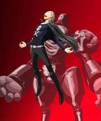 Rule 34 | 2boys, artist request, atlus, belt, bullet, dual persona, gradient background, grey eyes, grey hair, highres, jacket, jacket on shoulders, jewelry, jolly roger, looking at viewer, male focus, multiple boys, muscular, necklace, open mouth, pants, persona, persona 4, red background, scar, shoes, short hair, skeleton, take-mikazuchi, tatsumi kanji