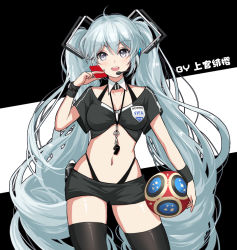 Rule 34 | 1girl, 2018 fifa world cup, alternate costume, ball, between fingers, bikini, black background, black bikini, black shirt, black shorts, black thighhighs, blue eyes, blush, breasts, card, chinese commentary, cleavage, commentary request, cowboy shot, crop top, detached collar, grey eyes, hair between eyes, hand up, hatsune miku, headset, highleg, highleg bikini, holding, holding ball, holding card, jokanhiyou, long hair, looking at viewer, medium breasts, navel, shiny skin, shirt, short shorts, short sleeves, shorts, skindentation, soccer, soccer ball, solo, standing, stomach, swimsuit, thighhighs, thighs, twintails, two-tone background, very long hair, vocaloid, whistle, white background, world cup, wristband