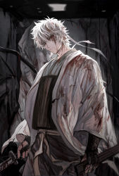 Rule 34 | 1boy, absurdres, black gloves, blood, blood on clothes, blood on face, bloody weapon, closed mouth, commentary request, cowboy shot, dated commentary, gintama, gloves, headband, highres, holding, holding sheath, holding sword, holding weapon, long sleeves, looking at viewer, male focus, qing yu, red eyes, sakata gintoki, sheath, short hair, solo, standing, sword, unsheathed, weapon, white hair, white headband, wide sleeves