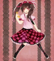 Rule 34 | 1girl, bad id, bad pixiv id, black thighhighs, blush, camera, cellphone, checkered clothes, checkered skirt, female focus, full body, hat, himekaidou hatate, long hair, necktie, phone, purple eyes, skirt, solo, thighhighs, tokin hat, touhou, twintails, yujup