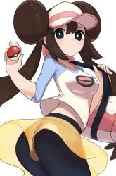 1girl ass bad_id bad_twitter_id black_pantyhose blush bow breasts bright_pupils brown_hair closed_mouth commentary creatures_(company) double_bun game_freak green_eyes hair_bun hands_up highres holding holding_poke_ball holding_strap long_hair looking_at_viewer nintendo nuneno pantyhose pantyhose_under_shorts pink_bow poke_ball poke_ball_(basic) pokemon pokemon_bw2 raglan_sleeves rosa_(pokemon) short_shorts shorts solo twintails visor_cap white_pupils yellow_shorts