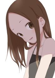 Rule 34 | 1girl, :d, absurdres, bare shoulders, black camisole, brown eyes, brown hair, camisole, collarbone, commentary request, forehead, highres, karakai jouzu no takagi-san, long hair, looking at viewer, official art, open mouth, parted bangs, simple background, smile, solo, takagi-san, upper body, white background, yamamoto souichirou