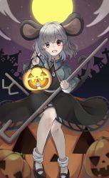 Rule 34 | 1girl, animal ears, black dress, black footwear, candle, cape, commentary, dowsing rod, dress, full moon, grey cape, grey hair, halloween, halloween bucket, highres, holding, jack-o&#039;-lantern, jewelry, looking at viewer, loose socks, mary janes, medium dress, medium hair, moon, mouse (animal), mouse ears, mouse tail, nazrin, necklace, night, night sky, open mouth, outdoors, ponta (wwtaimeww), purple eyes, shoes, sitting, sky, smile, socks, solo, star (sky), starry sky, tail, touhou, white legwear