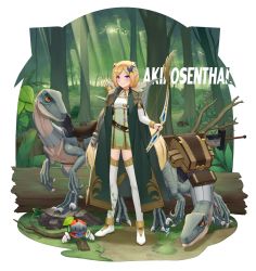 Rule 34 | 1girl, aki rosenthal, armor, backpack, bag, belt, blonde hair, bob cut, bow (weapon), butterfly hair ornament, character name, dinosaur, forest, full body, hair ornament, hololive, long hair, nature, parted bangs, pointy ears, purple eyes, saddle, smile, solo, thighhighs, virtual youtuber, weapon