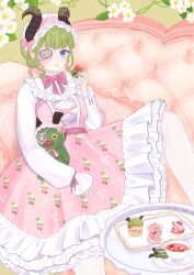 Rule 34 | 1girl, absurdres, alternate costume, belt, blue eyes, blush, bow, breasts, brown horns, cake, commentary request, couch, cross-laced clothes, cross-laced dress, cup, curled horns, demon girl, demon horns, demon tail, dress, eyepatch, feet out of frame, flower, food, food print, frilled hairband, frills, hair bow, hairband, highres, holding, holding food, horns, lace pantyhose, layered dress, lolita fashion, long sleeves, looking at viewer, macaron, medium bangs, medium breasts, mousse (food), nanashi inc., nukokaki, open mouth, pantyhose, pinafore dress, pink belt, pink bow, pink dress, pink hairband, pointy ears, print dress, saucer, sekishiro mico, short hair, sitting, sleeveless, sleeveless dress, solo, strawberry print, stuffed demon, tail, tea, teacup, tray, virtual youtuber, white dress, white flower, white pantyhose