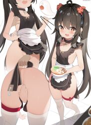 Rule 34 | 1girl, 1other, aged down, ahoge, apron, ass, bare shoulders, blush, bowl, breasts, brown hair, chintora0201, choker, chopsticks, covering crotch, covering privates, egg, flower, flower-shaped pupils, food, genshin impact, ghost, hair between eyes, hardboiled egg, highres, holding, holding bowl, holding chopsticks, hu tao (genshin impact), long hair, looking at viewer, mole, mole on ass, naked apron, noodles, open mouth, pork, ramen, red eyes, sideboob, small breasts, soup, symbol-shaped pupils, thighhighs, thighs, top-down bottom-up, twintails, very long hair, white thighhighs