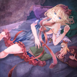Rule 34 | 1girl, adapted costume, album cover, alice margatroid, bad id, bad pixiv id, blonde hair, blue eyes, book, cover, frills, hairband, leg up, light smile, lying, marumari, mini person, minigirl, off shoulder, on back, on bed, open book, pillow, red ribbon, ribbon, shanghai doll, short hair, solo, strap slip, touhou