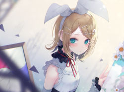 Rule 34 | 1girl, 25-ji nightcord de. (project sekai), 25-ji rin, bare shoulders, blonde hair, blue eyes, bow, detached sleeves, flower, frilled sleeves, frills, hair bow, hair ornament, hairclip, kagamine rin, long sleeves, looking at viewer, medium hair, picture frame, project sekai, sionoe, vocaloid, white bow, white flower