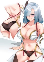 Rule 34 | 1girl, alternate costume, ass, bare shoulders, blue eyes, blush, bra, breasts, butt crack, come hither, from behind, genshin impact, hair ornament, hair over one eye, highres, large breasts, long hair, looking at viewer, multiple views, panties, rapapa, shenhe (genshin impact), shiny skin, sideboob, silver hair, sitting, smile, solo, thighhighs, underwear