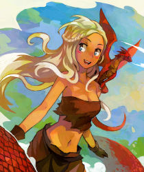 Rule 34 | 1girl, :d, a song of ice and fire, animal, animal on shoulder, bare shoulders, blue eyes, blush stickers, braid, breasts, bright pupils, brown gloves, cleavage, commentary, daenerys targaryen, dragon, dutch angle, english commentary, french braid, game of thrones, gloves, long hair, navel, niking, open mouth, rags, signature, smile, solo, white hair, white pupils