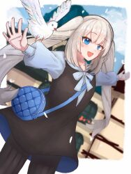 Rule 34 | 1girl, :d, bag, bird, black dress, black pantyhose, blonde hair, blue eyes, blurry, blurry background, casual, day, dove, dress, dutch angle, fate/grand order, fate (series), feathers, fuwa negi, handbag, highres, long hair, long sleeves, marie antoinette (fate), open mouth, outdoors, pantyhose, puffy long sleeves, puffy sleeves, ribbon, smile, solo, standing, twintails, white ribbon