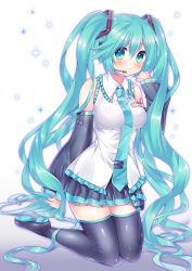 Rule 34 | 1girl, aqua eyes, aqua hair, black footwear, black thighhighs, blush, boots, detached sleeves, gradient background, hatsune miku, headset, highres, kneeling, long hair, looking at viewer, natsume asato, necktie, skirt, smile, solo, thigh boots, thighhighs, twintails, very long hair, vocaloid, zettai ryouiki