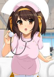 Rule 34 | 1girl, breasts, commentary request, countdown, dress, facing viewer, hairband, haruhisky, hat, highres, leaning forward, looking at viewer, medium breasts, nurse, nurse cap, open mouth, pink dress, ribbon, short dress, short sleeves, solo, suzumiya haruhi, suzumiya haruhi no yuuutsu, thighhighs, white thighhighs, yellow hairband, yellow ribbon, zettai ryouiki