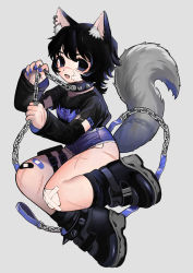 Rule 34 | 1girl, absurdres, animal collar, animal ears, bandage on face, bandages, black hair, blue eyes, blue nails, chain, chain leash, collar, cross scar, denim, denim shorts, detached sleeves, ear piercing, fang, highres, holding, holding leash, holster, leash, mino (kirarayakubou), nail polish, open mouth, original, piercing, scar, scar on face, shirt, shirt tucked in, shoes, short hair, short shorts, shorts, solo, spiked collar, spikes, stitches, tail, thigh holster, wavy hair, wolf ears, wolf tail