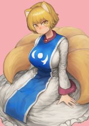 Rule 34 | 1girl, absurdres, animal ears, blonde hair, blue tabard, blush, breasts, chanta (ayatakaoisii), dress, fox ears, fox tail, highres, large breasts, long sleeves, multiple tails, pink background, short hair, simple background, solo, sweatdrop, tabard, tail, touhou, white dress, yakumo ran