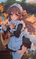 Rule 34 | 1girl, absurdres, apple, apron, basket, black dress, blurry, brown hair, closed mouth, commentary request, cowboy shot, depth of field, dress, dusk, food, frilled dress, frills, fruit, hair ornament, hands up, highres, long hair, long sleeves, looking at viewer, maid, maid apron, maid headdress, original, outdoors, sentter, smile, solo, standing, thighhighs, thighs, white apron, white thighhighs, x hair ornament, yellow eyes