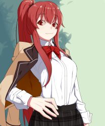 Rule 34 | 1girl, blouse, blush, bow, bowtie, collared shirt, elesis (elsword), elsword, green background, hand on own hip, highres, long hair, ponytail, red bow, red bowtie, red eyes, red hair, ribbon, school uniform, shirt, smile, solo, white shirt, xkxh1674