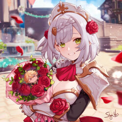 Rule 34 | 1boy, 1girl, 3d background, aether (genshin impact), armor, ascot, blonde hair, blush, bouquet, braid, breasts, chibi, cleavage, commentary, flower, genshin impact, green eyes, grey hair, grin, hair flower, hair ornament, highres, holding, holding bouquet, maid headdress, medium breasts, noelle (genshin impact), red ascot, red flower, red rose, rose, short hair, shoulder armor, signature, siya ho, smile, teeth, upper body