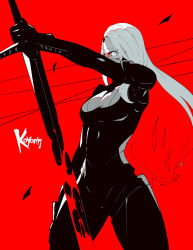 Rule 34 | 1girl, artist name, cyberpunk (series), greatsword, hair over one eye, highres, koyorin, long hair, looking at viewer, mechanical legs, red background, red pupils, solo, sword, weapon, white eyes, white hair
