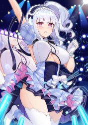 Rule 34 | 1girl, absurdres, arm up, azur lane, blurry, blush, breasts, center frills, clothing cutout, commentary request, dido (azur lane), dido (muse) (azur lane), framed breasts, frilled headband, frills, gloves, highres, idol, idol clothes, large breasts, light stick, maid headdress, motion blur, open mouth, pink eyes, side ponytail, silver hair, stage, stage lights, sweat, t@ke-g, thighhighs, thighs, underboob, underboob cutout, white footwear, white gloves, white thighhighs