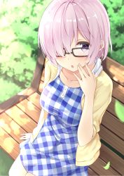 Rule 34 | 1girl, bad id, bad pixiv id, bench, black-framed eyewear, blurry, blush, breasts, chestnut mouth, collarbone, dappled sunlight, day, depth of field, dress, fate/grand order, fate (series), glasses, hair over one eye, hand on own face, highres, jacket, karutamo, leaf, light purple hair, long sleeves, looking at viewer, mash kyrielight, mash kyrielight (senpai killer outfit), medium breasts, official alternate costume, open mouth, outdoors, plaid, plaid dress, purple eyes, short hair, sitting, solo, sunlight