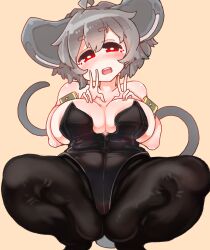 Rule 34 | 1girl, absurdres, alternate costume, animal ears, bare shoulders, black leotard, black pantyhose, blush, breasts, bright pupils, commentary request, daruia (sabitare), double-parted bangs, double v, grey hair, hands on own chest, head tilt, highres, large breasts, leotard, looking at viewer, mouse ears, mouse tail, nazrin, open mouth, pantyhose, red eyes, short hair, simple background, solo, squatting, strapless, strapless leotard, tail, teeth, thick eyebrows, touhou, upper teeth only, v, white pupils, wrist cuffs