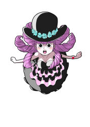 Rule 34 | 1girl, :o, absurdres, artist request, black dress, black eyes, blush, breasts, cleavage, dress, drill hair, eyes visible through hair, hat, highres, large breasts, long hair, looking at viewer, one piece, open mouth, perona, pink hair, signature, skirt, thighhighs, very long hair, white background