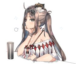 Rule 34 | ahoge, akuta hinako, armpits, blush, breasts, brown eyes, brown hair, cleavage, clenched hand, closed mouth, commentary request, cup, earpiece, expressionless, eyebrows, eyewear on head, fate/grand order, fate (series), from side, hair ornament, hand on own chin, highres, leaning, leaning on table, looking at viewer, medium breasts, off shoulder, open clothes, open shirt, ranf, shirt straps, sidelocks, simple background, solo, speech bubble, sunglasses, table, twintails, white background, wristband, yu mei-ren (fate)