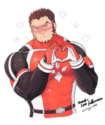 Rule 34 | 1boy, akashi (live a hero), bara, blush, bodysuit, cropped legs, facial hair, goatee, goggles, gradient hair, heart, heart hands, highres, large pectorals, live a hero, long sideburns, looking at viewer, male focus, mature male, milestone celebration, multicolored hair, muscular, muscular male, pectorals, red bodysuit, red eyes, red hair, rongjie, scar, scar on face, scar on nose, short hair, sideburns, skin tight, solo, thick eyebrows