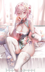 Rule 34 | 1girl, absurdres, alternate costume, alternate eye color, alternate hair color, bare shoulders, blush, breasts, cleavage, closed mouth, commentary request, detached sleeves, dress, eating, floral print, flower, food, genshin impact, hair bun, hair flower, hair ornament, highres, holding, holding food, large breasts, long sleeves, looking at viewer, lumine (genshin impact), medium hair, pink eyes, pink hair, pottsness, single hair bun, sitting, solo, thighhighs, thighs, white thighhighs