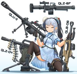 Rule 34 | 1girl, 35mm grenade, 35x32mm type 87 hv, 35x32mm type 87 hv hedp dfj87, 35x32srmm hv, 35x32srmm hv hedp dfj87, airburst grenade launcher, ammunition, ammunition belt, ammunition focus, anti-materiel cartridge, anti-materiel rifle, armor-piercing ammunition, autocannon, automatic grenade launcher, belt-fed, bipod, black footwear, black gloves, black hair, black thighhighs, blue dress, blue hair, boots, bun cover, cannon, cannon cartridge, chart, china dress, chinese clothes, closed mouth, combat boots, commentary, computerized scope, covered navel, crew-served weapon, dress, drum magazine, dual-purpose cartridge, explosive, explosive weapon, facing viewer, floral print, fragmentation grenade, fragmentation warhead, garter straps, gloves, grenade, grenade cartridge, grenade launcher, gun, hair bun, hair ornament, harness, high-capacity magazine, high-explosive anti-tank (warhead), high-explosive cartridge, high-explosive dual-purpose cartridge, high collar, highres, holding, holding weapon, large-caliber cartridge, long gun, long hair, low-tied long hair, magazine (weapon), mikeran (mikelan), military cartridge, multi-tied hair, multicolored hair, norinco (firearms manufacturer), on one knee, original, pouch, precision-guided firearm, print dress, qlb-06, qlu-11, qlz-04, qlz-87, rifle, scope, shadow, shaped charge, short dress, short sleeves, side ponytail, side slit, sight (weapon), single hair bun, smart scope, smart scope focus, smile, smug, sniper grenade launcher, sniper rifle, solo, supersonic ammunition, telescopic sight, thermal weapon sight, thick eyebrows, thighhighs, tripod, two-tone hair, v-shaped eyebrows, weapon, weapon focus, weapon mount, weird guns of the world, white background, xiafeng machinery