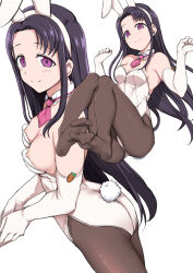 Rule 34 | 1girl, aiue oka, animal ears, ass, black hair, blush, breasts, breasts out, brown pantyhose, cleavage, closed mouth, commentary, detached collar, elbow gloves, fake animal ears, fake tail, forehead, full body, gloves, highres, legs together, leotard, long hair, looking at viewer, medium breasts, multiple views, necktie, nipples, no shoes, pantyhose, parted bangs, pink necktie, playboy bunny, purple eyes, rabbit ears, rabbit tail, saimin seishidou, sakagami akino, sakagami haruno, short necktie, sidelocks, simple background, sitting, smile, standing, straight hair, tail, white background, white gloves, white leotard