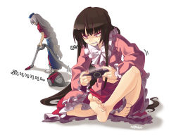 Rule 34 | 2girls, angry, barefoot, black hair, brown hair, clenched teeth, feet, female focus, handheld game console, hat, houraisan kaguya, long hair, multiple girls, neet, nerugal, playing, playing games, playstation portable, silver hair, simple background, sitting, teeth, toes, touhou, vacuum cleaner, very long hair, white background, yagokoro eirin