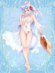 Rule 34 | 1girl, animal ears, belly chain, bracelet, breasts, brown hat, commentary request, dairoku ryouhei, eyewear on head, flower, fox ears, fox girl, fox tail, full body, hair flower, hair ornament, hat, head tilt, holding, holding clothes, holding hat, jewelry, large breasts, looking at viewer, nail polish, official art, one-piece swimsuit, open mouth, original, ponytail, purple eyes, red flower, sandals, smile, solo, sparkle, standing, straw hat, sun hat, sunglasses, sunglasses on head, swimsuit, swimsuit cover-up, tail, thigh gap, ukamaru, unworn hat, unworn headwear, white footwear, white hair, white one-piece swimsuit