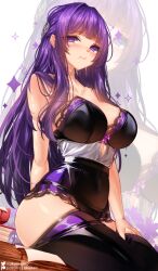 Rule 34 | 1girl, arm behind back, bare shoulders, black one-piece swimsuit, black thighhighs, blush, breasts, cleavage, covered navel, fern (sousou no frieren), hair ornament, hand on own leg, large breasts, likunea, long hair, one-piece swimsuit, pout, purple eyes, purple hair, sitting, solo, sousou no frieren, swimsuit, thighhighs, zettai ryouiki, zoom layer