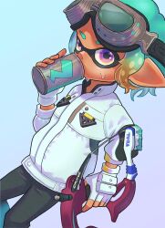 Rule 34 | 1boy, aqua hair, black pants, blue background, can, commentary request, dapple dualies (splatoon), drink can, drinking, eyewear on head, fingerless gloves, gloves, gradient background, gradient hair, gun, highres, holding, holding gun, holding weapon, inkling, inkling boy, inkling player character, jacket, multicolored hair, nastar r0, nintendo, pants, pointy ears, purple background, purple eyes, soda can, solo, splatoon (series), splatoon 3, sweat, two-tone background, two-tone hair, weapon, white gloves, white jacket