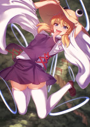 Rule 34 | 1girl, arms up, bad perspective, blonde hair, blue eyes, hat, ibuki notsu, loafers, long sleeves, long tongue, looking at viewer, miniskirt, moriya suwako, shoes, skindentation, skirt, skirt set, smile, solo, thighhighs, tongue, tongue out, torii, touhou, white thighhighs, wide sleeves, zettai ryouiki