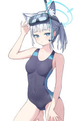 1girl absurdres animal_ear_fluff animal_ears black_one-piece_swimsuit blue_archive blue_eyes breasts competition_swimsuit covered_navel cross_hair_ornament diving_mask diving_mask_on_head extra_ears goggles goggles_on_head grey_hair hair_ornament halo highres kamory kneeling low_ponytail medium_breasts medium_hair mismatched_pupils multicolored_clothes multicolored_swimsuit official_alternate_costume one-piece_swimsuit shiroko_(blue_archive) shiroko_(swimsuit)_(blue_archive) simple_background snorkel solo swimsuit white_background wolf_ears