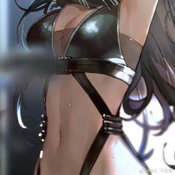 Rule 34 | 1girl, a4-kalajiao, arknights, arms up, black scarf, black shirt, breasts, cleavage, cropped shirt, grey hair, looking at viewer, lower body, medium breasts, navel, scarf, schwarz (arknights), shirt, solo, stomach, sweat, weibo logo, weibo watermark
