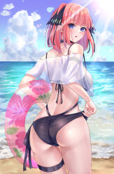 Rule 34 | 1girl, adjusting clothes, adjusting swimsuit, ass, back, bare shoulders, beach, bikini, black bikini, black ribbon, blue eyes, blue sky, blunt bangs, blush, breasts, butterfly hair ornament, cloud, commentary request, crop top, day, eyebrows hidden by hair, eyes visible through hair, from behind, go-toubun no hanayome, hair ornament, hair ribbon, highres, holding, holding swim ring, horizon, innertube, large breasts, lens flare, light particles, looking at viewer, looking back, nakano nino, ocean, open mouth, outdoors, pink hair, ribbon, sand, see-through, shore, short hair, shoulder blades, sideboob, skindentation, sky, solo, sun, sunlight, swim ring, swimsuit, thigh strap, two side up, uyufuzi s, water