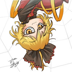 Rule 34 | 1girl, profile picture, blonde hair, bow, brown dress, chamaji, commentary request, dress, hair bow, hair ribbon, kurodani yamame, long sleeves, looking at viewer, lowres, partial commentary, ribbon, short hair, signature, silk, solo, spider web, touhou, upper body, upside-down, white background, yellow eyes, yellow ribbon