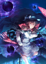Rule 34 | 1girl, brown eyes, brown hair, building, cape, cellphone, city, city lights, fedora, flying, glasses, gloves, hat, highres, looking at viewer, night, no nose, occult ball, phone, pleated skirt, red-framed eyewear, runes, school uniform, short hair, short twintails, skirt, smartphone, smile, solo, sunakumo, touhou, twintails, usami sumireko