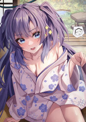 1girl absurdres arm_support blue_archive blue_eyes breasts cleavage commentary_request doodle_sensei_(blue_archive) garden hair_ornament halo hidel highres japanese_clothes kimono large_breasts long_hair looking_at_viewer mechanical_halo open_mouth purple_hair sensei_(blue_archive) shouji sidelocks sitting sliding_doors smile tatami two_side_up white_kimono wide_sleeves x_hair_ornament yukata yuuka_(blue_archive)