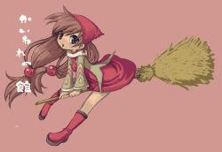 Rule 34 | 1girl, :o, bandana, boots, broom, broom riding, dress, full body, leaning forward, long hair, long sleeves, looking at viewer, low-tied long hair, low twintails, open mouth, original, pink background, red dress, rubber boots, sakiya miu, simple background, sitting, solo, twintails