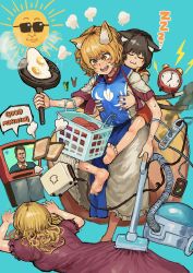 Rule 34 | 3girls, :3, absurdres, alarm clock, animal ear fluff, animal ears, barefoot, blonde hair, blue background, blush, bread slice, brooch, cable, carrying, chanta (ayatakaoisii), chen, chest harness, clock, closed eyes, clothes pin, dress, egg (food), electric plug, food, fox ears, fried egg, frying pan, grabbing, grabbing from behind, groping, harness, highres, hug, jewelry, laundry, laundry basket, long dress, long hair, lying, multiple girls, multiple tails, nekomata, on back, on stomach, open mouth, piggyback, power strip, puffy short sleeves, puffy sleeves, red dress, red vest, shirt, short hair, short sleeves, simple background, skirt, sleeping, slit pupils, smile, smoke, standing, standing on one leg, sun, sunglasses, sweat, tabard, tagme, tail, television, toast, toaster, touhou, two tails, vacuum cleaner, vest, white shirt, white skirt, yakumo ran, yakumo yukari, yellow eyes, zzz