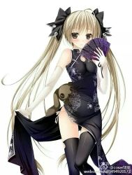 Rule 34 | 1girl, alternate costume, artist request, black dress, bow, brown eyes, china dress, chinese clothes, dress, elbow gloves, hand fan, gloves, hair bow, highres, jpeg artifacts, kasugano sora, long hair, non-web source, solo, stuffed toy, thighhighs, twintails, very long hair, white gloves, white hair, yosuga no sora