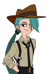Rule 34 | 1girl, collared shirt, cosplay, creatures (company), fedora, flat chest, game freak, green hair, hand in pocket, hat, hinann bot, long hair, long sleeves, nintendo, parody, perry the platypus, perry the platypus (cosplay), phineas and ferb, pokemon, pokemon sv, ponytail, rika (pokemon), shirt, simple background, sleeves rolled up, solo, style parody, suspenders, upper body, white background