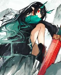 Rule 34 | 1girl, aitekku, arknights, bare legs, black footwear, black hair, black jacket, boots, closed mouth, commentary, dragon horns, dusk (arknights), earrings, expressionless, from side, green hair, hair over one eye, highres, holding, holding sword, holding weapon, horns, jacket, jewelry, long hair, long sleeves, looking at viewer, multicolored hair, off shoulder, one eye covered, pointy ears, red eyes, sitting, solo, streaked hair, sword, weapon
